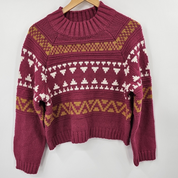 Universal Thread Sweaters - Universal Thread Magenta Fair Isle Knit Sweater with Mustard & Cream Accents